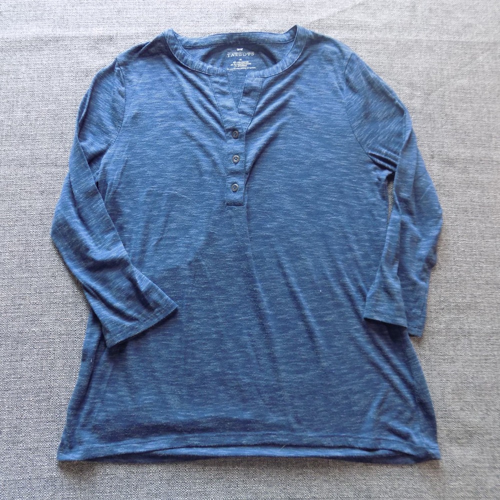 Talbots Henley Top Womens M Blue Excellent 3/4 Sleeve Slub Knit Split Neck 1724